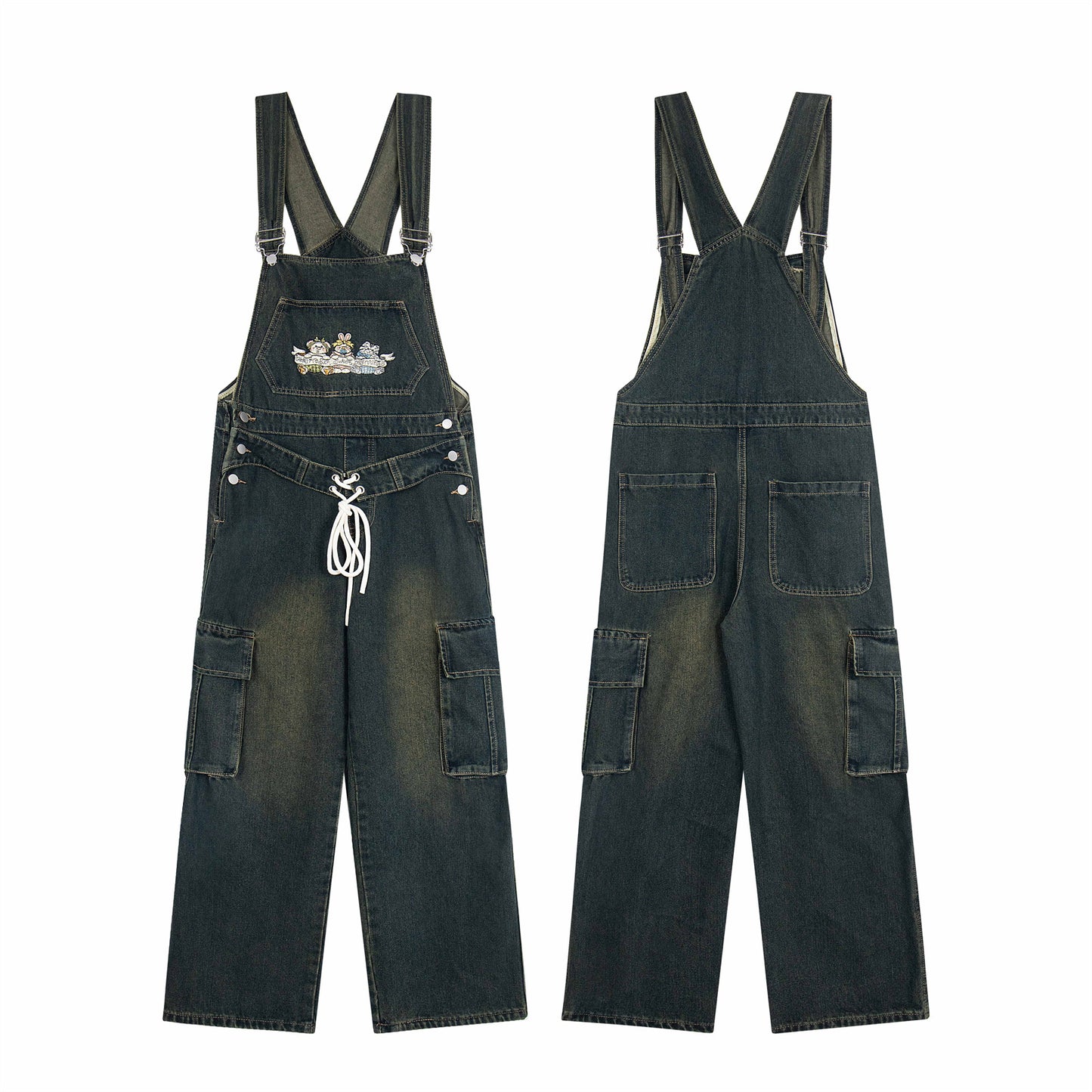 Unisex Cartoon Embroidered Denim Overalls with Water-Washed Finish