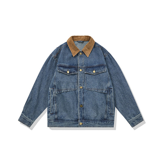 Color-blocked Turn-down Collar Loose Trendy Denim Jacket