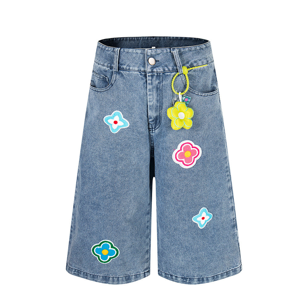 Petal Patch Fabric Denim Shorts