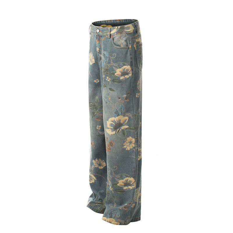 Unisex Floral Print Denim Pants with Unique Design - Straight Loose Wide Leg