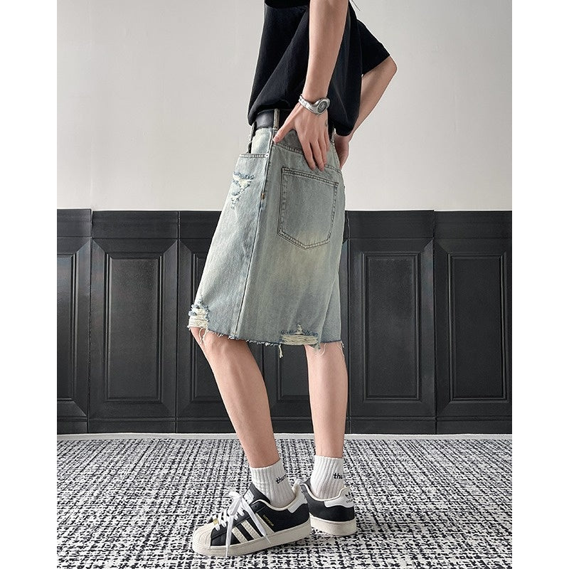 Ripped Denim Relaxed Fit Five-Quarter Pants