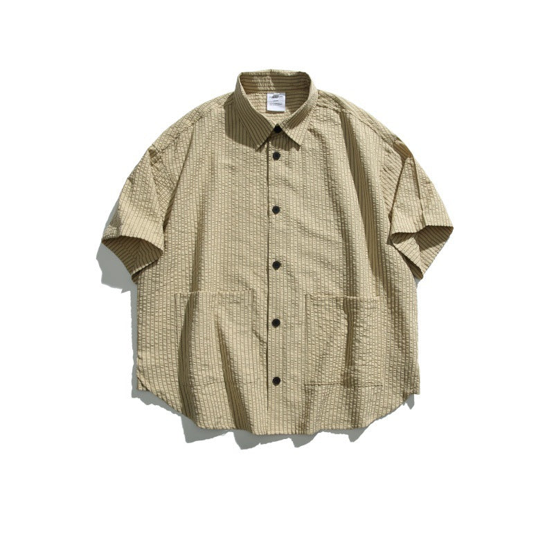 Retro Large Pocket Striped Loose Casual Short Sleeved Shirt for Men