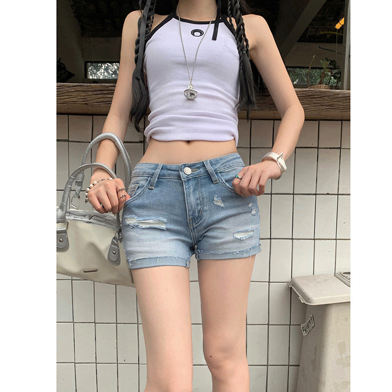 Low Waist Distressed Denim Shorts for Women - Spicy Girl Elastic Cuffed A-Line Hot Pants - Petite Sizes