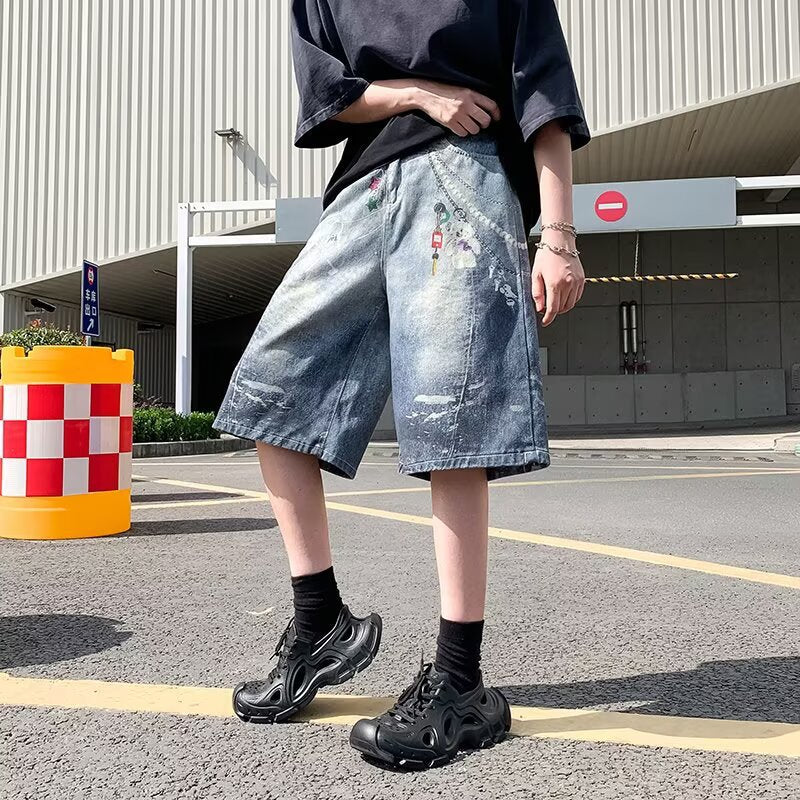 Spray Painted Chain Printed Denim Cropped Pants for Men