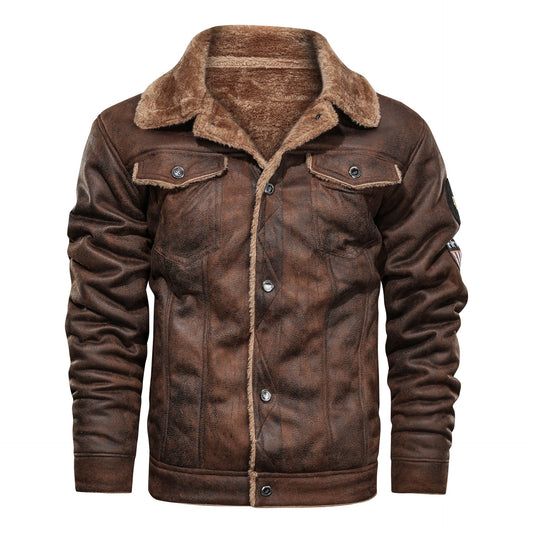 Men's Thick Warm Fleece Leather Jacket Coat - Casual Military Bomber