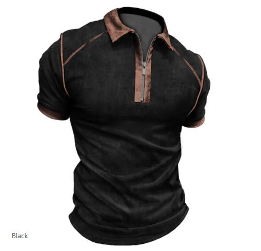 Men's Color Matching Short Sleeve Polo Shirts with Zipper