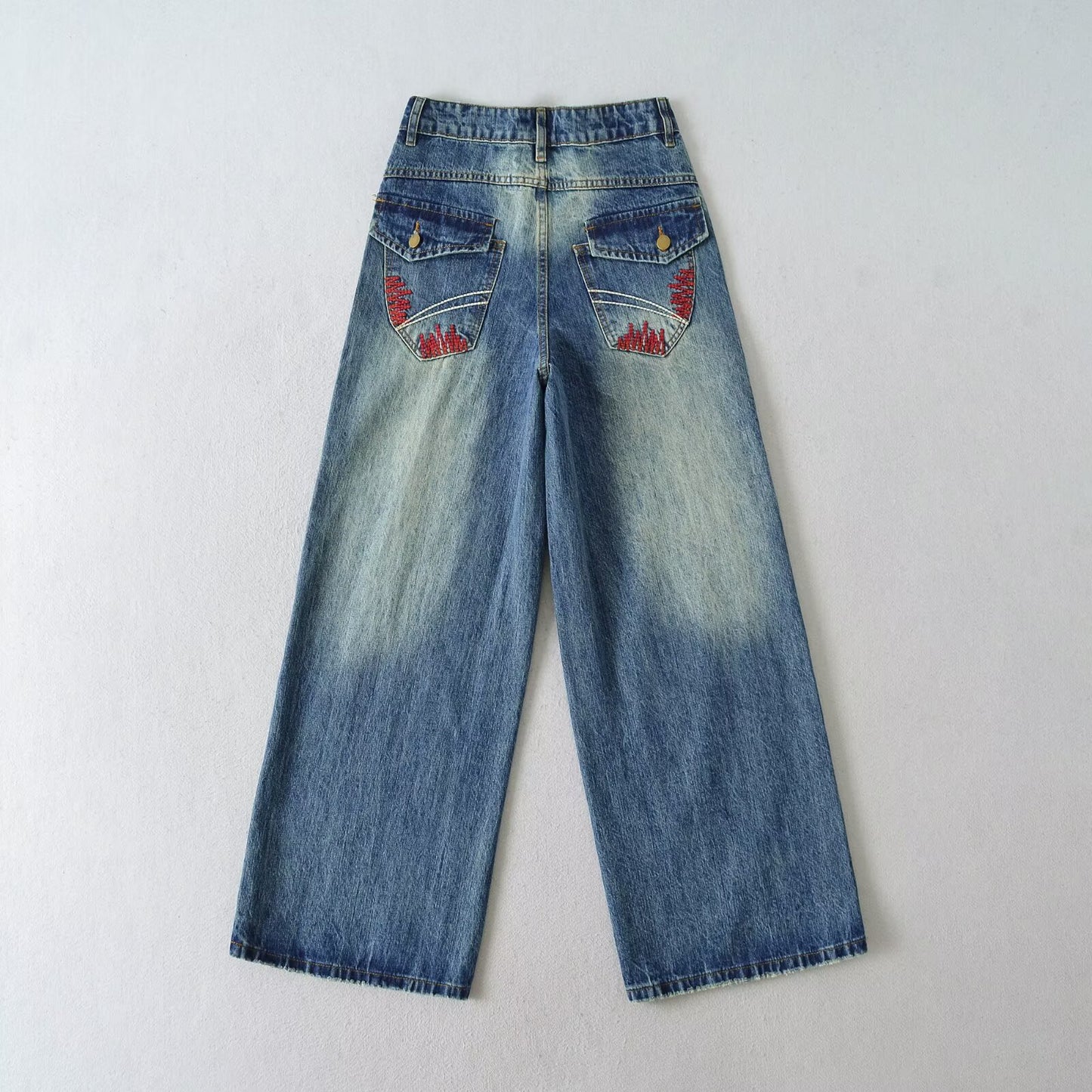 Embroidered and Rhinestone Loose Wide Leg Jeans for Women