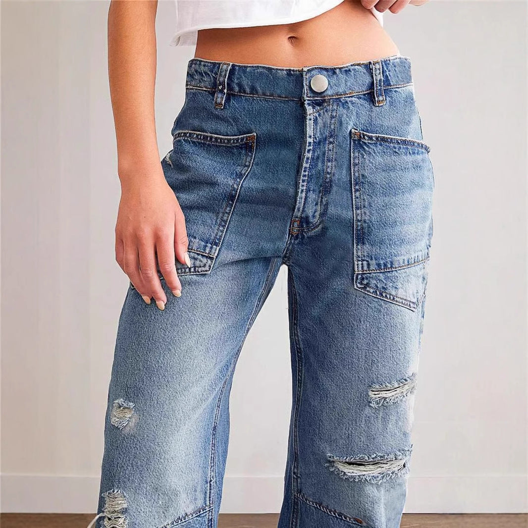 Broken Hole Straight Tube Casual Splicing Loose Jeans for Women
