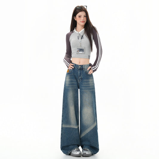 Washed Denim Pants for Women - High Waist Loose Slimming Versatile Wide-Leg Trousers