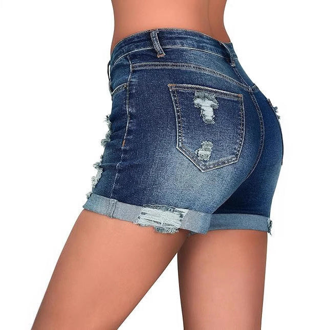 Elastic Hole Rolled Hem High Waist Women's Shorts - Streetwear Denim Pants