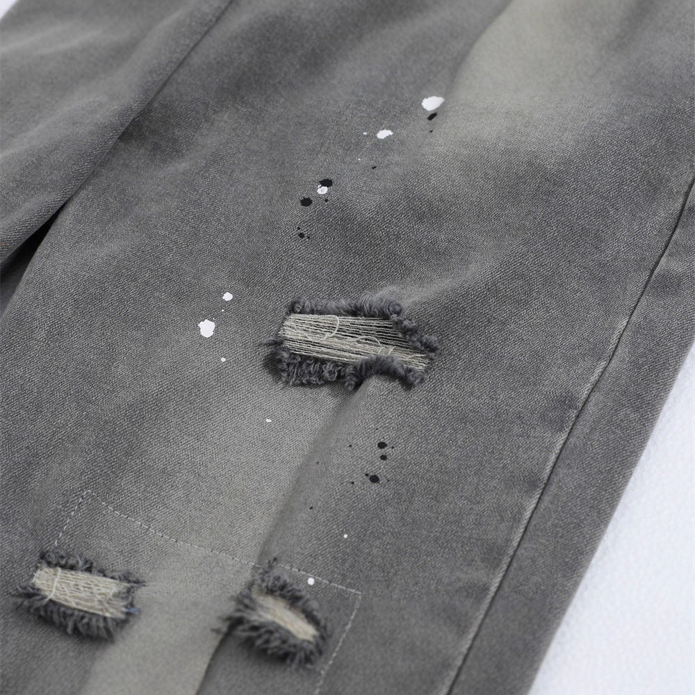 Men's Denim Jeans, Splatter Paint Ripped Straight Leg,  Loose Fit, Casual Men's Pants