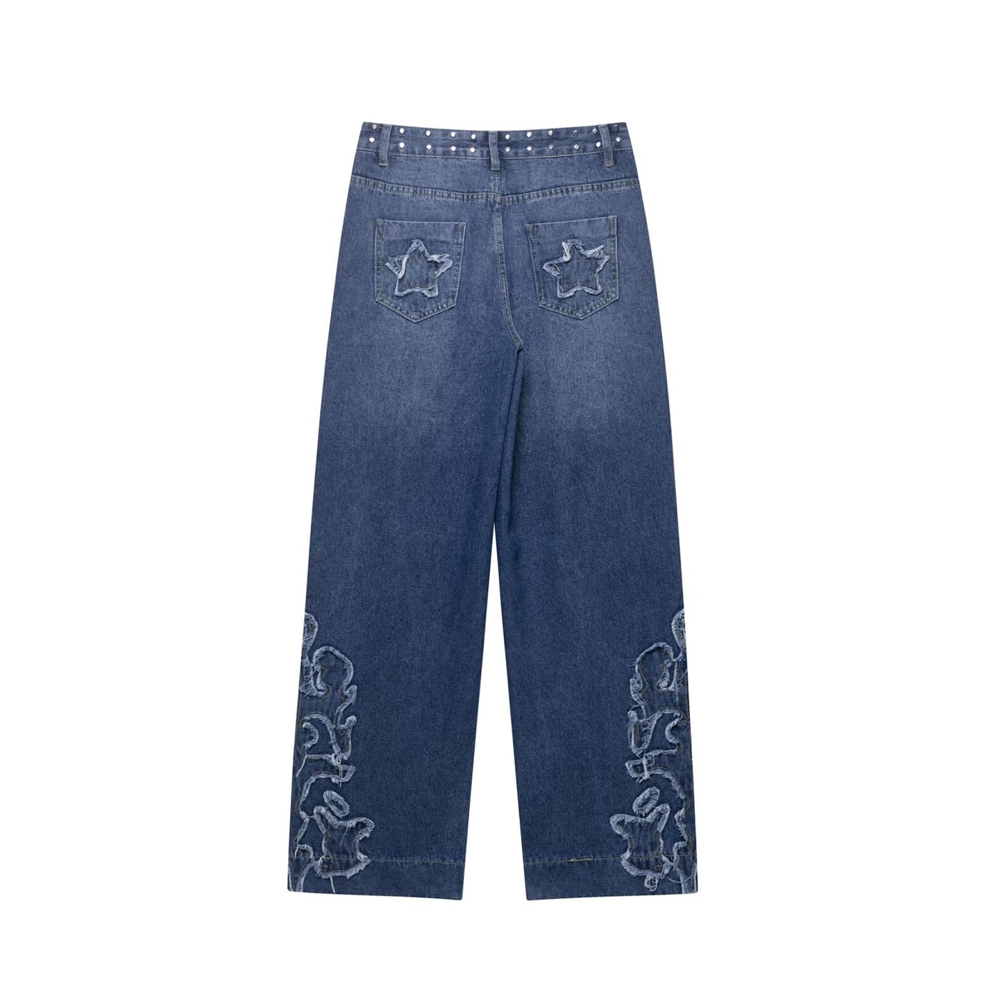 Women's European and American Style Studded Embroidered Straight Leg Jeans