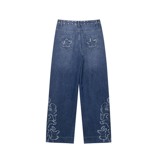 Women's European and American Style Studded Embroidered Straight Leg Jeans