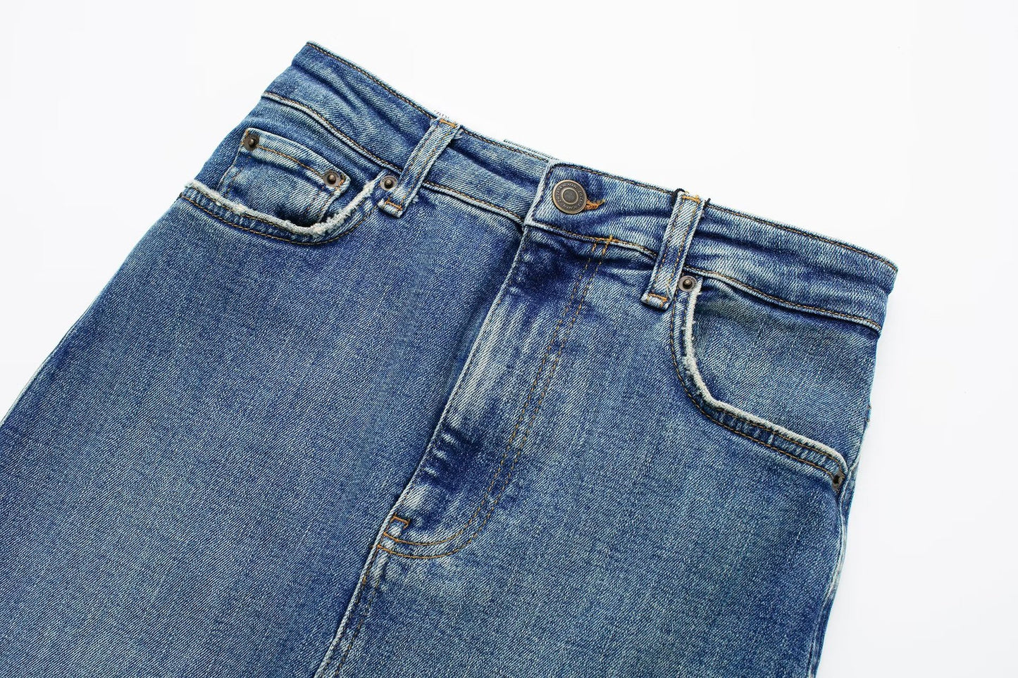 Women's High-Waist Blue Denim Midi Skirt with Slit and Pockets