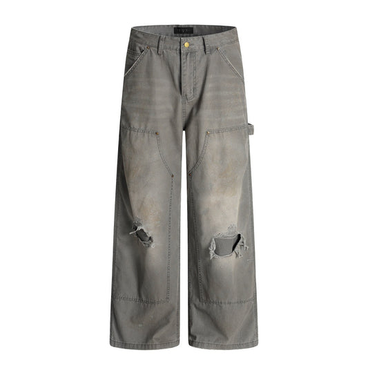 Men's Vintage Distressed Wide-Leg Denim Pants