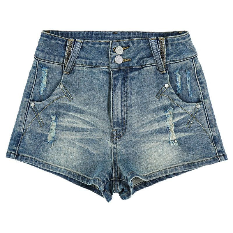 High-Waisted Distressed Denim Shorts for Women - Elastic Slimming Hot Pants