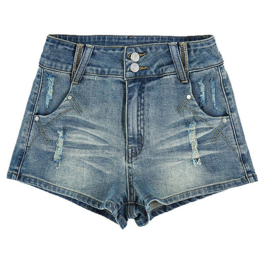 High-Waisted Distressed Denim Shorts for Women - Elastic Slimming Hot Pants