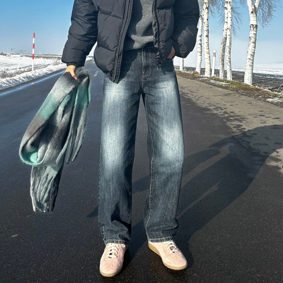 Retro Straight Leg Jeans Washed Distressed Wide Leg Long Pants Commuter Trousers