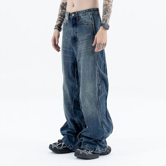 Men's Wave Pants - Water Washed Distressed Loose Straight Jeans