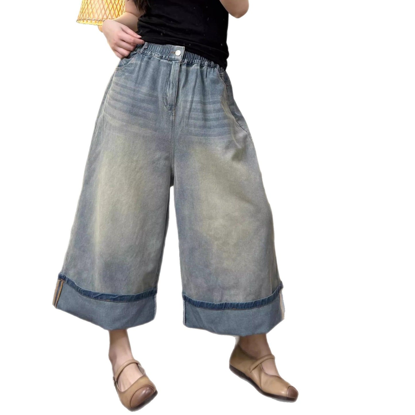 Vintage Washed Wide Cuff Design High Waist Straight Leg Denim Pants