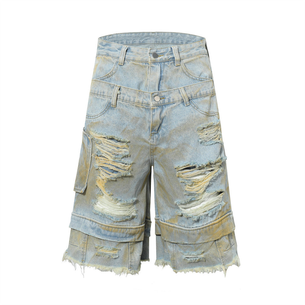 Men's Distressed Denim Shorts with Frayed Hem