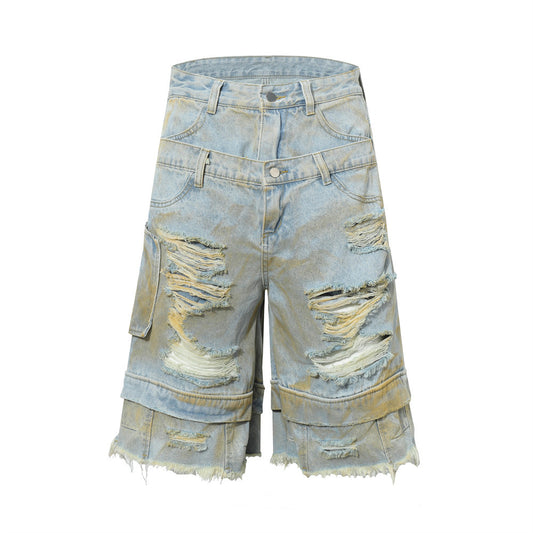 Men's Distressed Denim Shorts with Frayed Hem