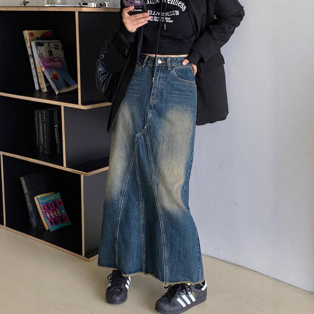 High-Waisted Slimming Washed A-Line Denim Skirt with Frayed Hem