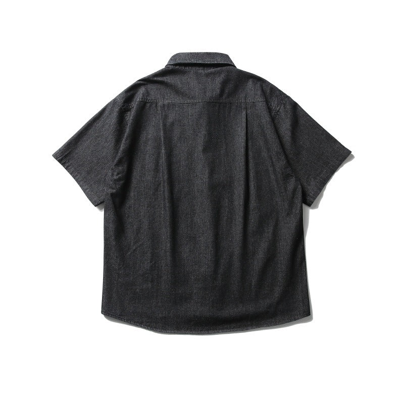 Loose-Fitting Denim Short-Sleeved Shirt with Patch Pocket Design