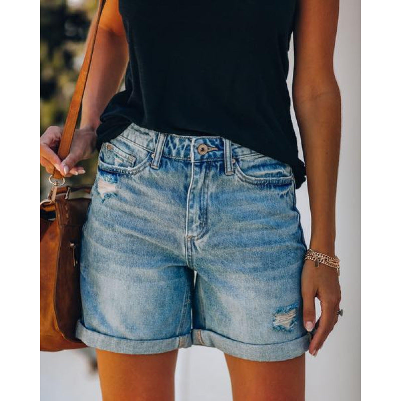 Fashion  Rolled Hem Distressed Straight Leg Women's Denim Shorts