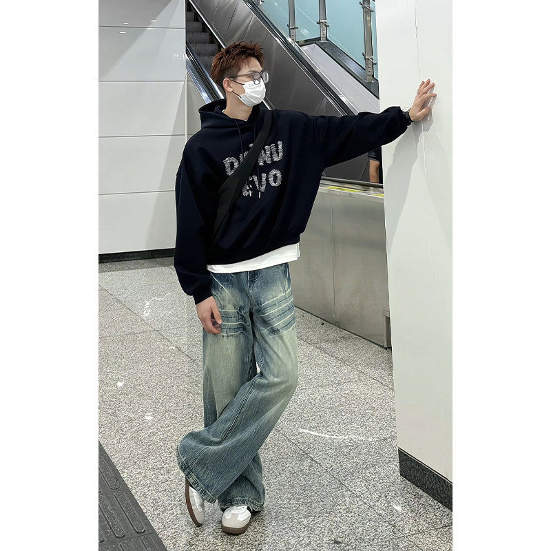 Lightning Patterned Washed Retro Straight Leg Casual Pants