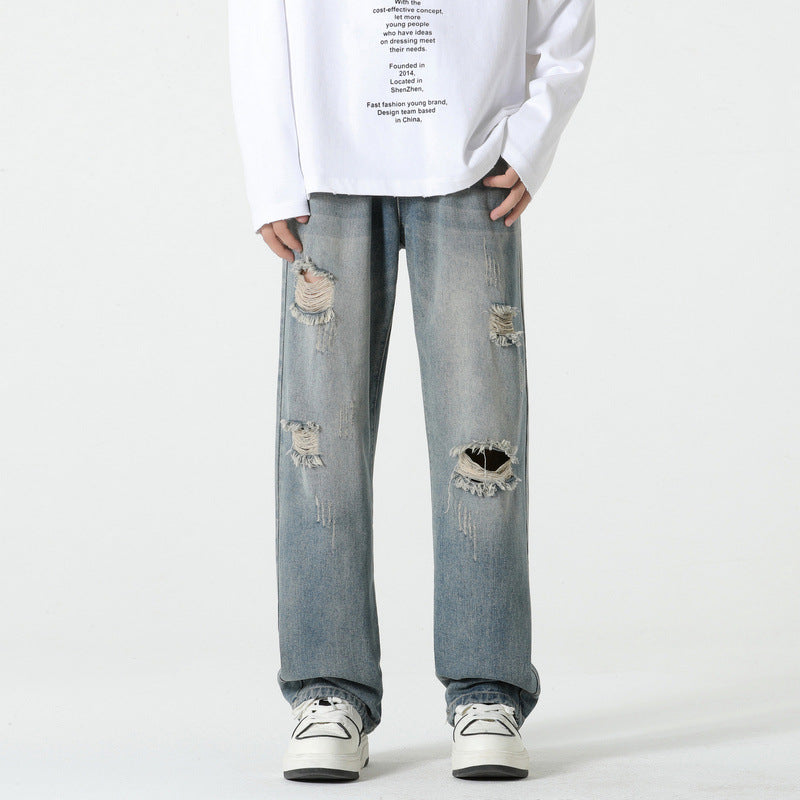 Men's Loose Straight Leg Trousers - Vintage Blue Wide Leg Pants