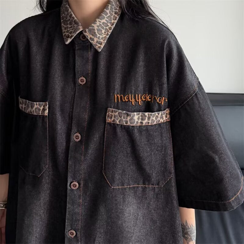 Women's Vintage Style Spliced Denim Short-Sleeve Shirt