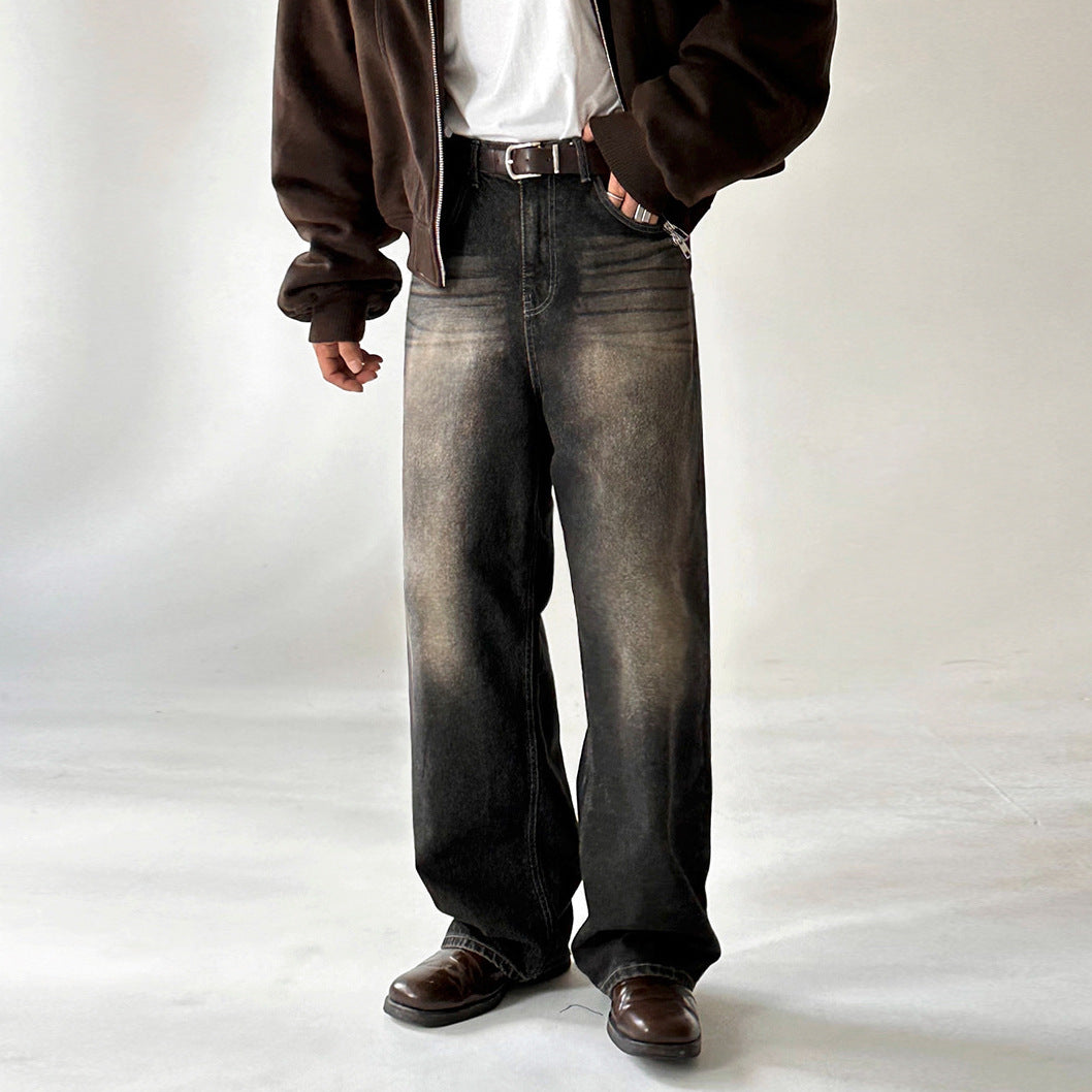 Vintage Washed Straight Leg Jeans Loose Wide Leg Pants