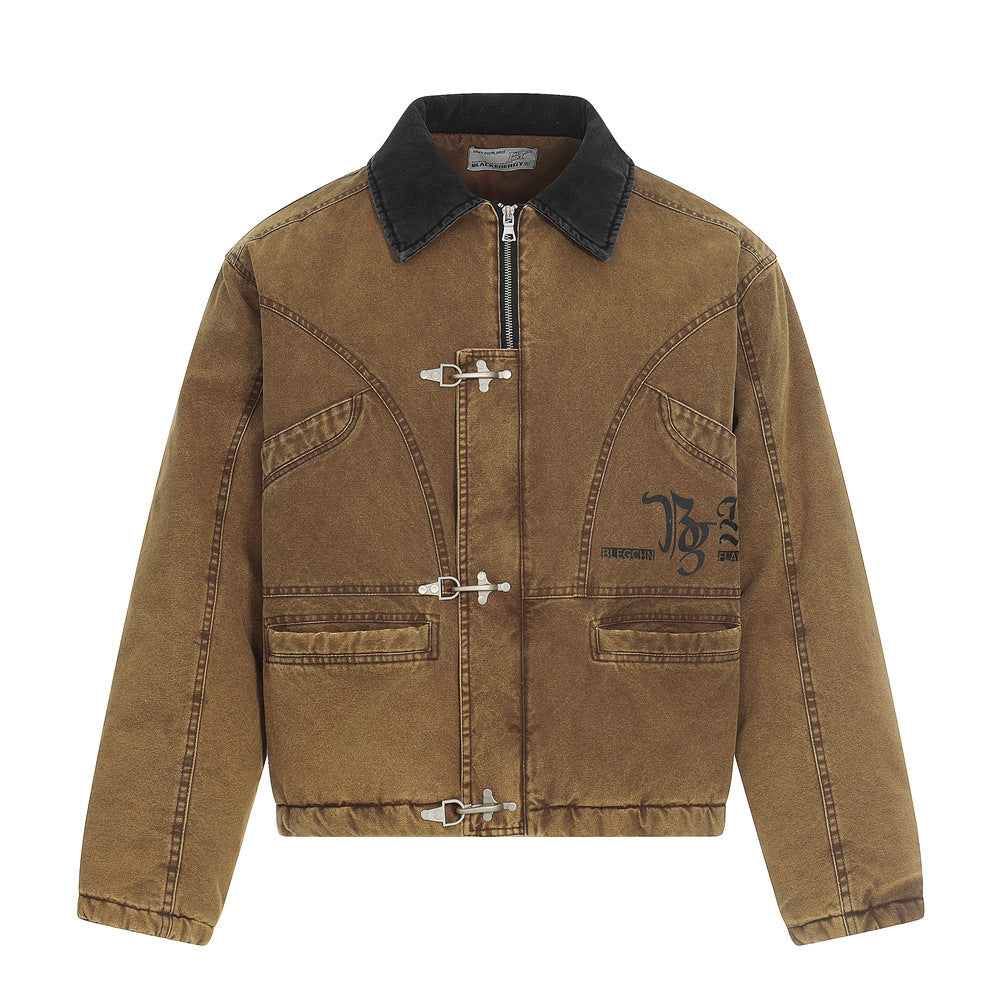 Streetwear Men's Cotton Coat, Turn-Down Collar, Distressed Patchwork Design, Trendy Brand, Loose Fit, Versatile Outerwear Top