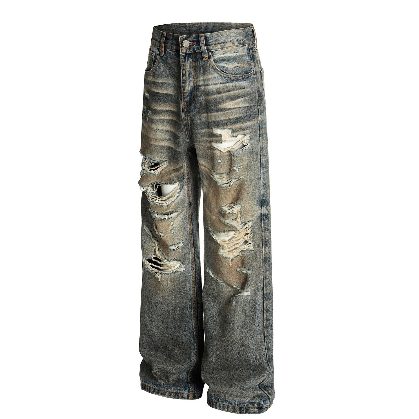 Dirty Dye Washed Ripped Denim Straight Leg Personalized Wide Leg Pants