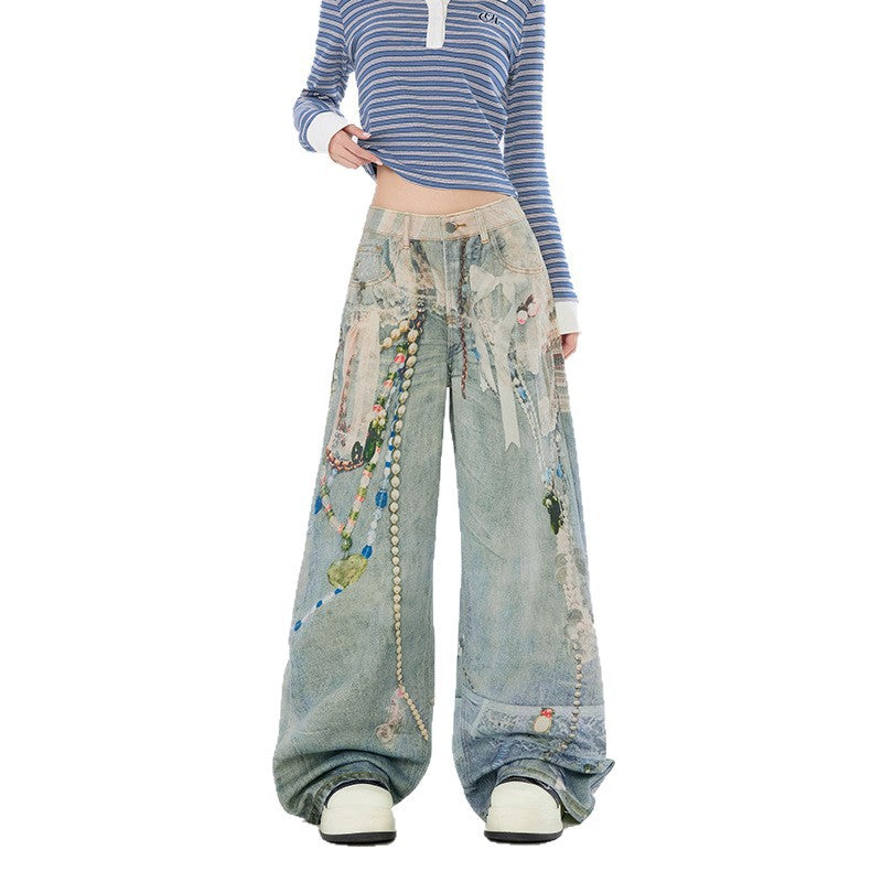 High Street 3D Chain Print Denim Pants for Women - Loose High Waist Wide Leg Trousers