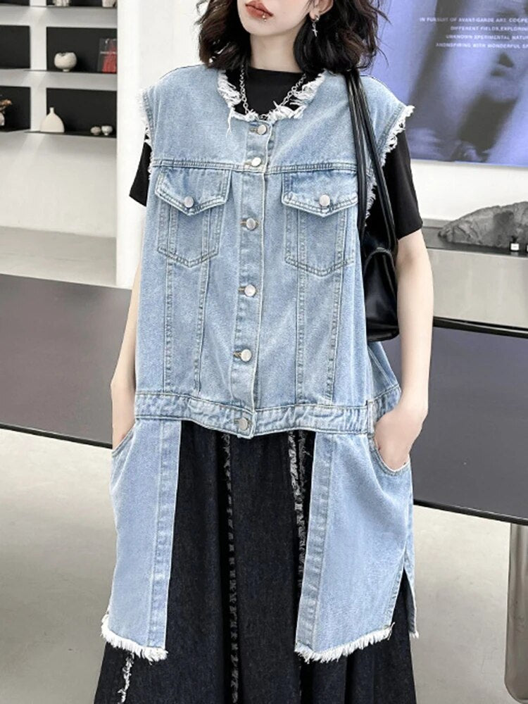 Women’s Loose Fit Blue Denim Irregular Burr Big Size Vest - O-Collar Sleeveless