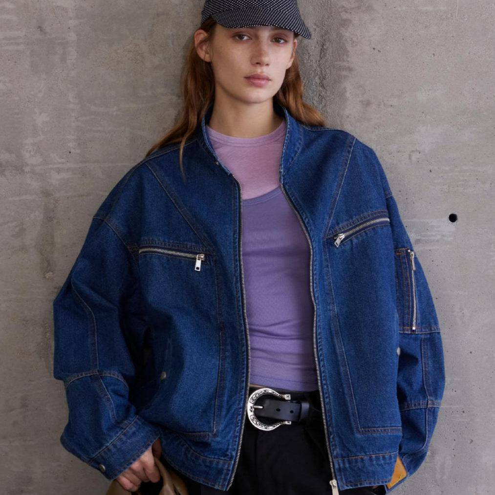 Construction Motorcycle Style Denim Jacket
