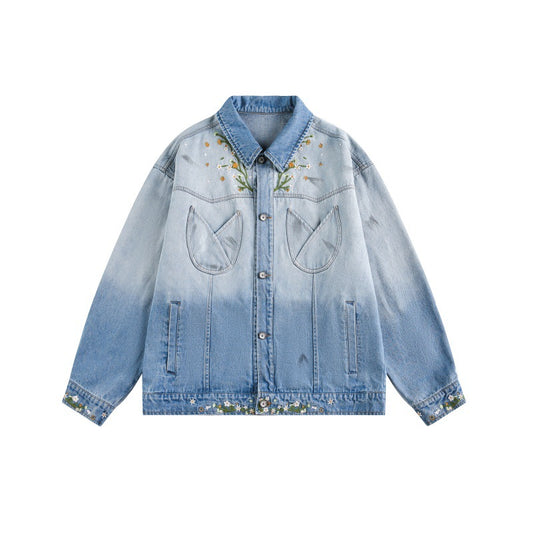 Streetwear Chrysanthemum Embroidery Loose Washed Gradient Denim Jacket