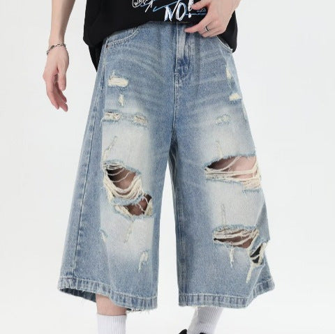 Ripped Denim Loose Washed Distressed Wide Leg Shorts