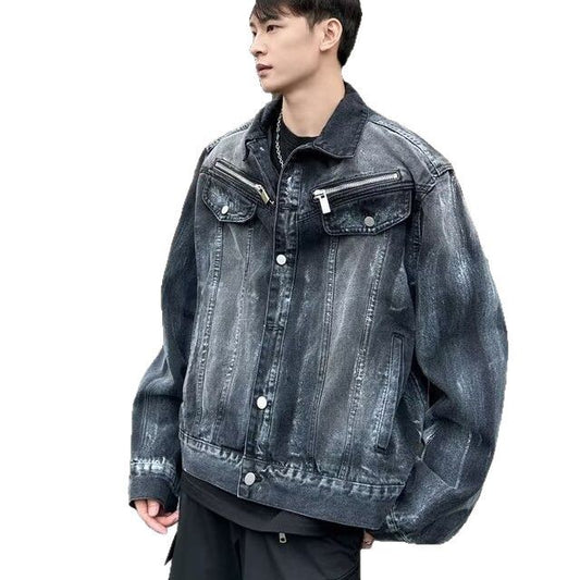 Vintage Wash Tie-Dye Denim Jacket for Men and Women