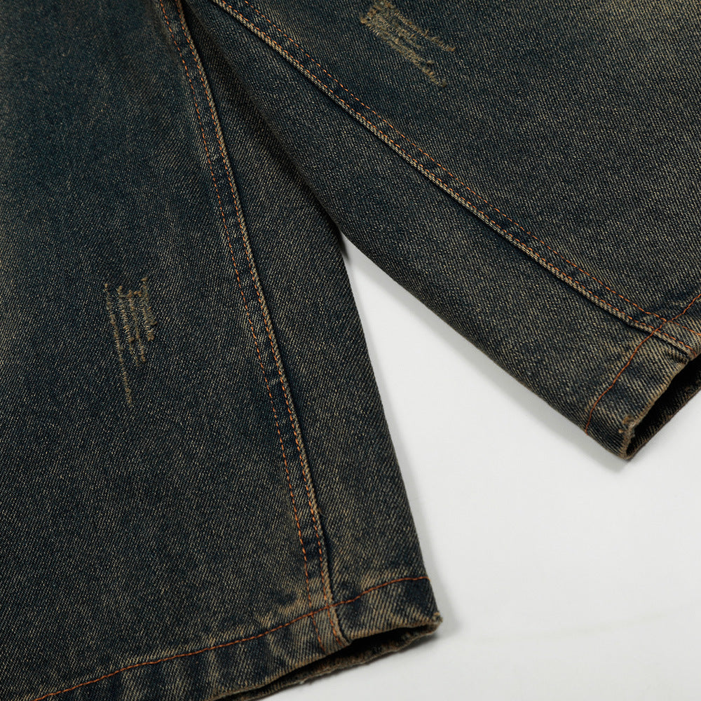 Men's Retro Distressed Denim Three-Quarter Pants