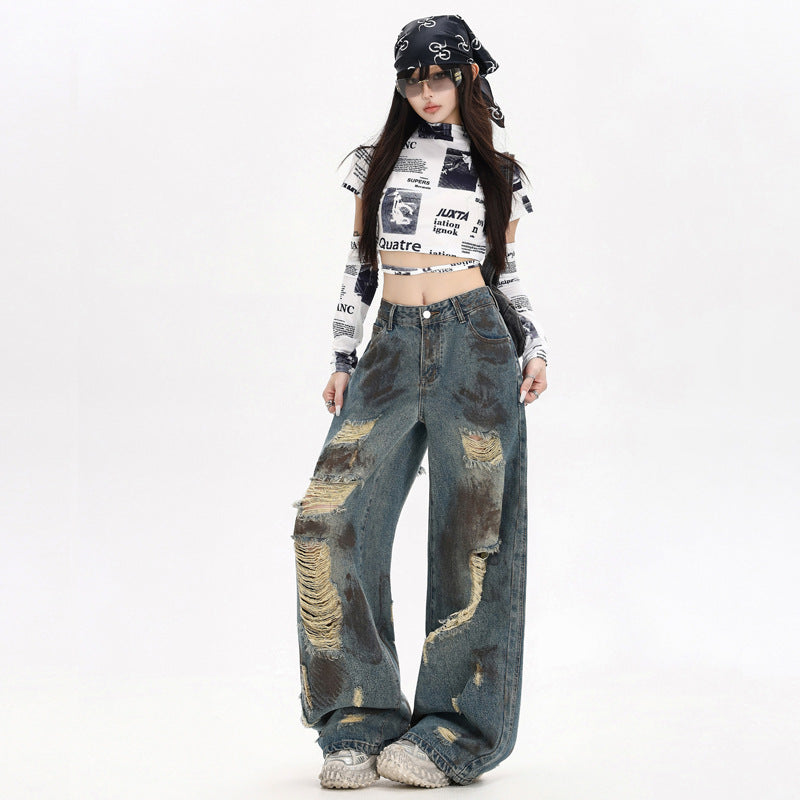 Street Distressed Graffiti Denim Pants for Women - Loose High Waist Wide Leg Trousers