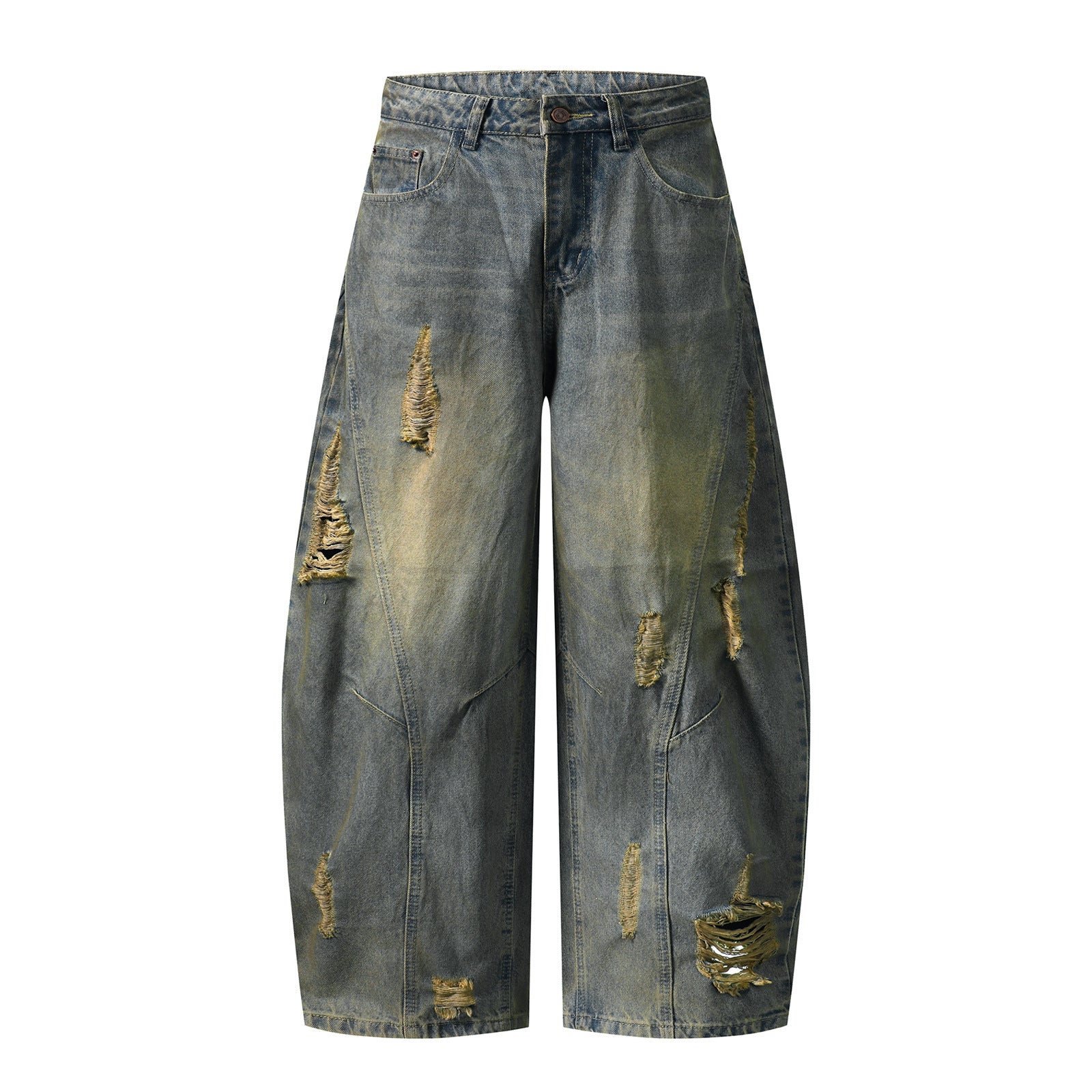 Men's Retro Distressed Denim Pants - Loose Fit Straight Leg Trousers