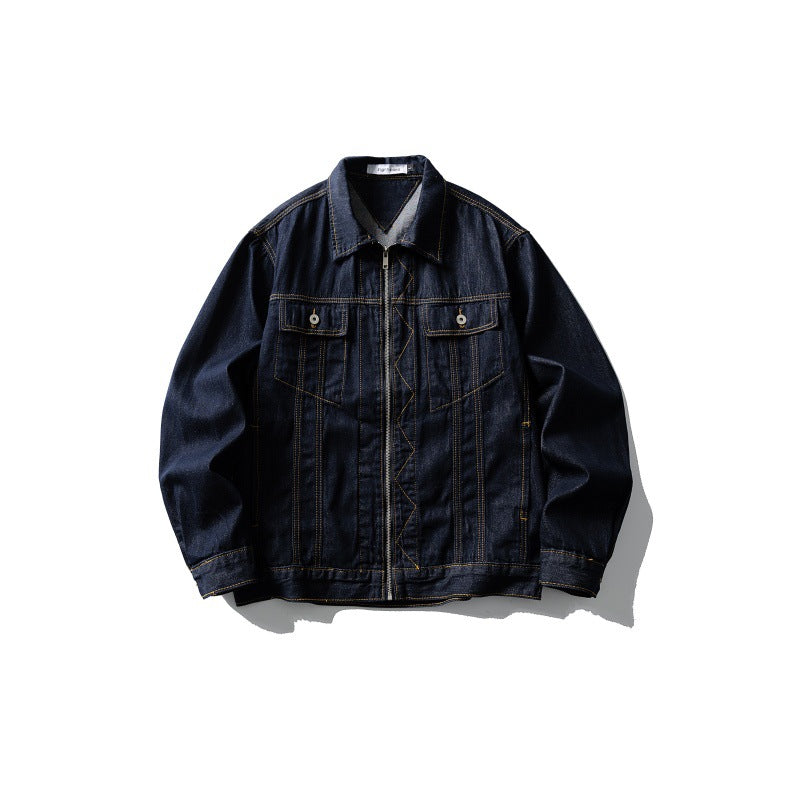 Men's Color Block Topstitching Loose Turn-Down Collar Denim Work Jacket