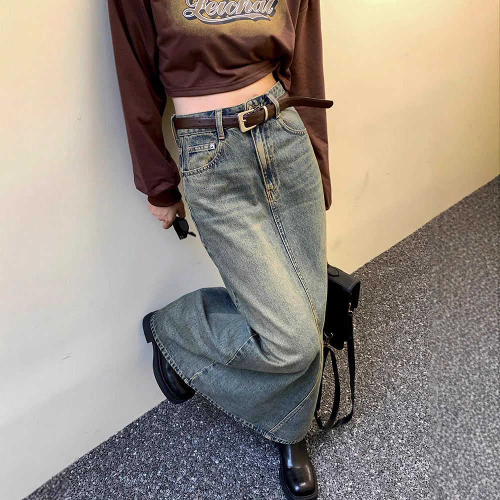 Retro High-Waist Slim A-Line Long Denim Skirt