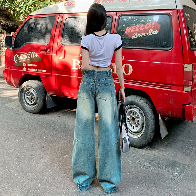 Smocked Loose Flare Denim Pants for Women - Summer Casual Long Trousers