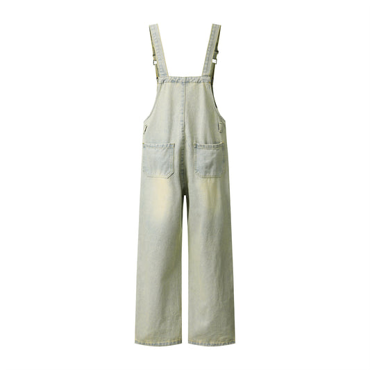 Embroidered Denim Overalls - Washed Straight Leg Jumpsuit