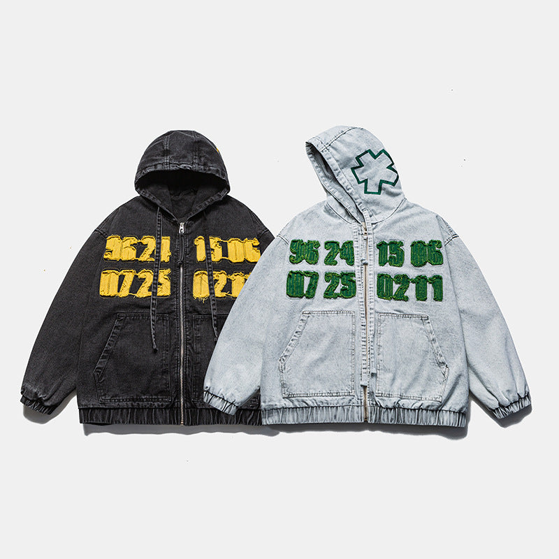 Men's Washed Denim Jacket -  Hooded Design with Patch Embroidery