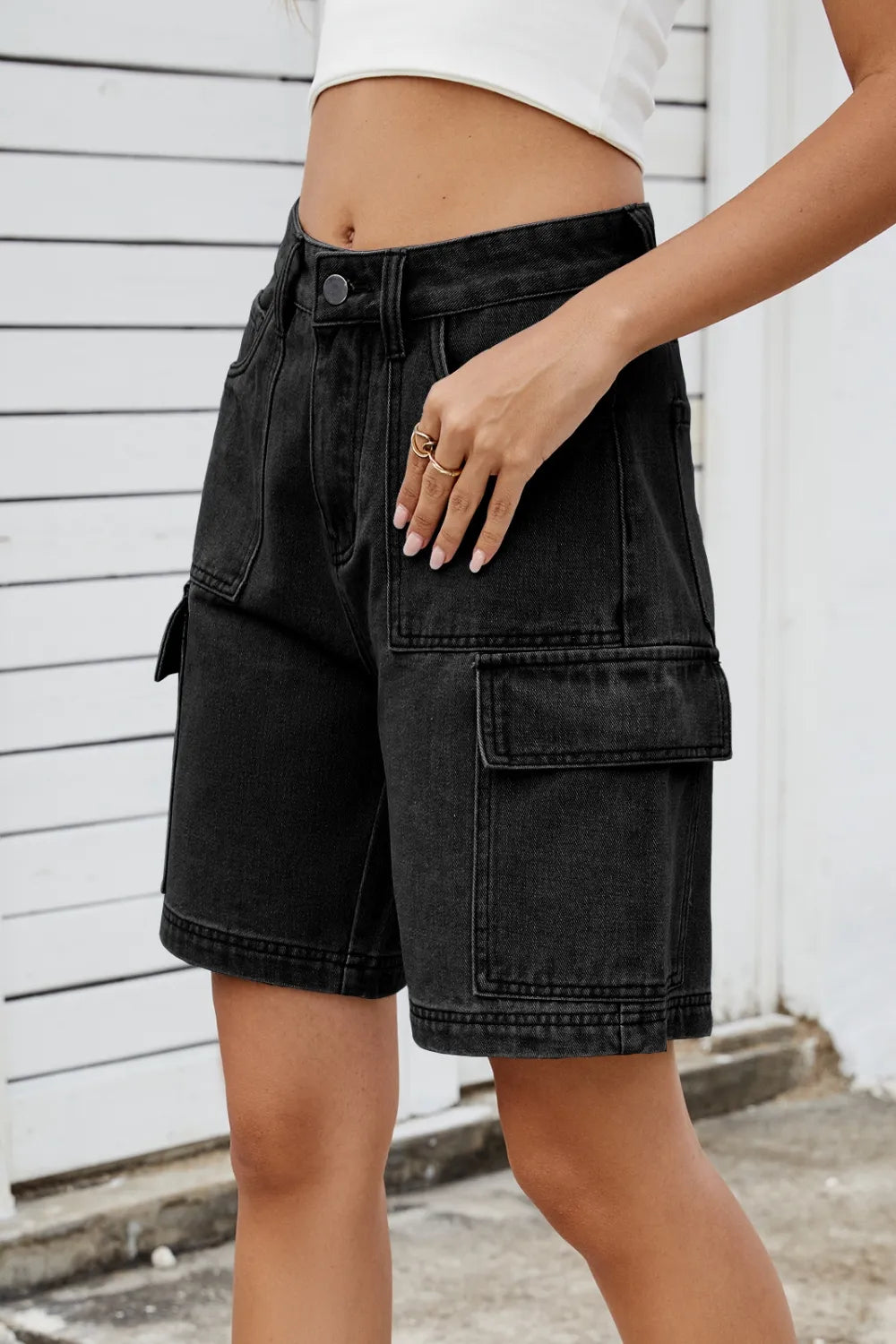 High Rise Denim Shorts with Cargo Pockets